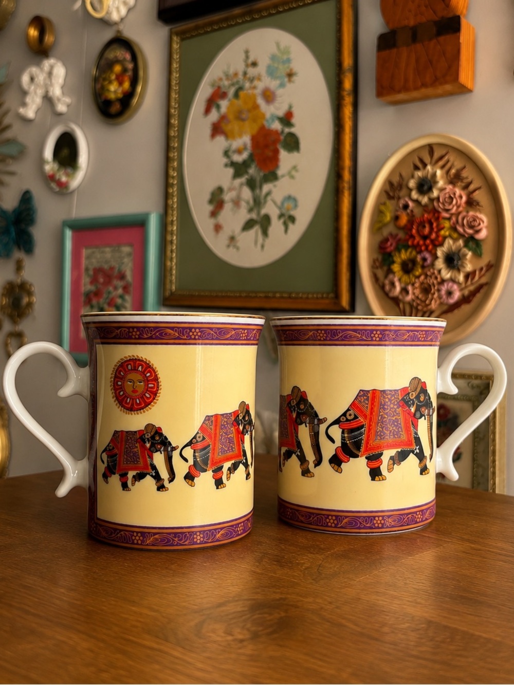 Vintage Set 2 Past Times Festival Elephants Porcelain Coffee Mugs/Cups Japan